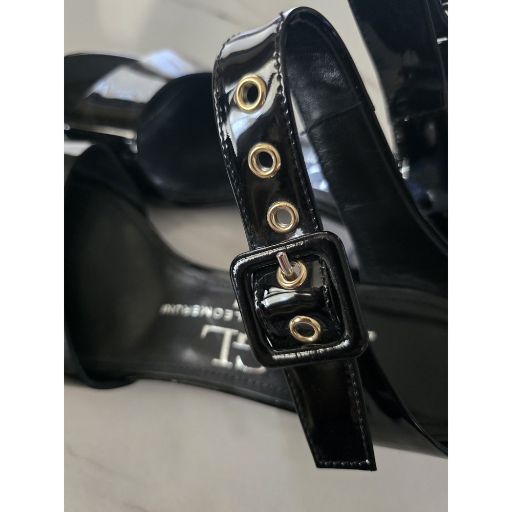 AGL Attilio Giusti Leombruni Black Patent Leather Ankle Strap Block Sandals 38 - Picture 4 of 5
